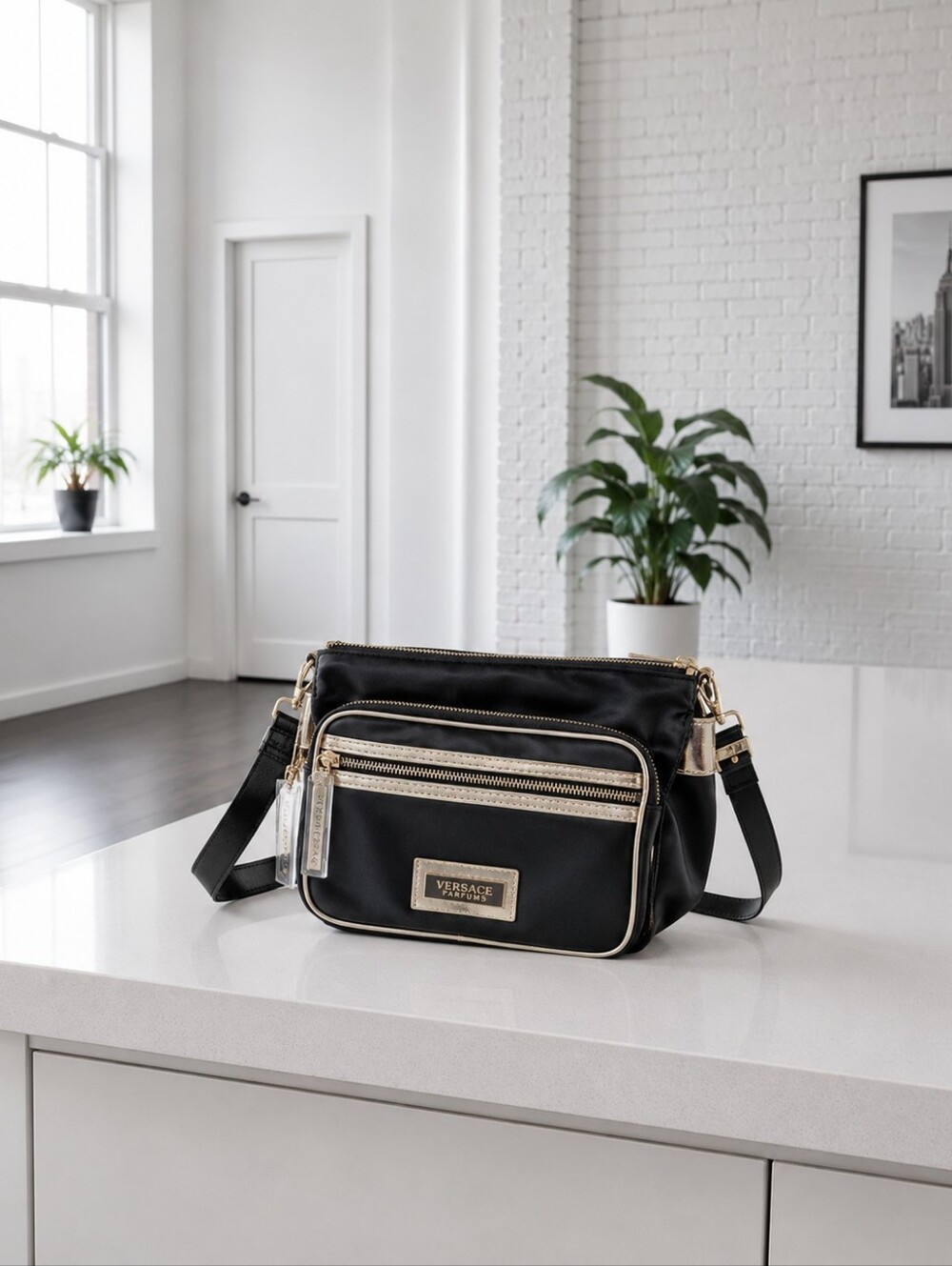 Versace Men's Black Belt Bag with Gold Accents